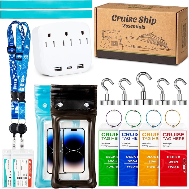 Noledome Cruise Essentials 2026 - Cruise Must Haves Kit with Non-Surge Protector Power Strip, Lanyard with ID Holder, Magnetic Hooks, Luggage Tag Set, Towel Bands, Waterproof Phone Holder - Travel Essentials - Image 1